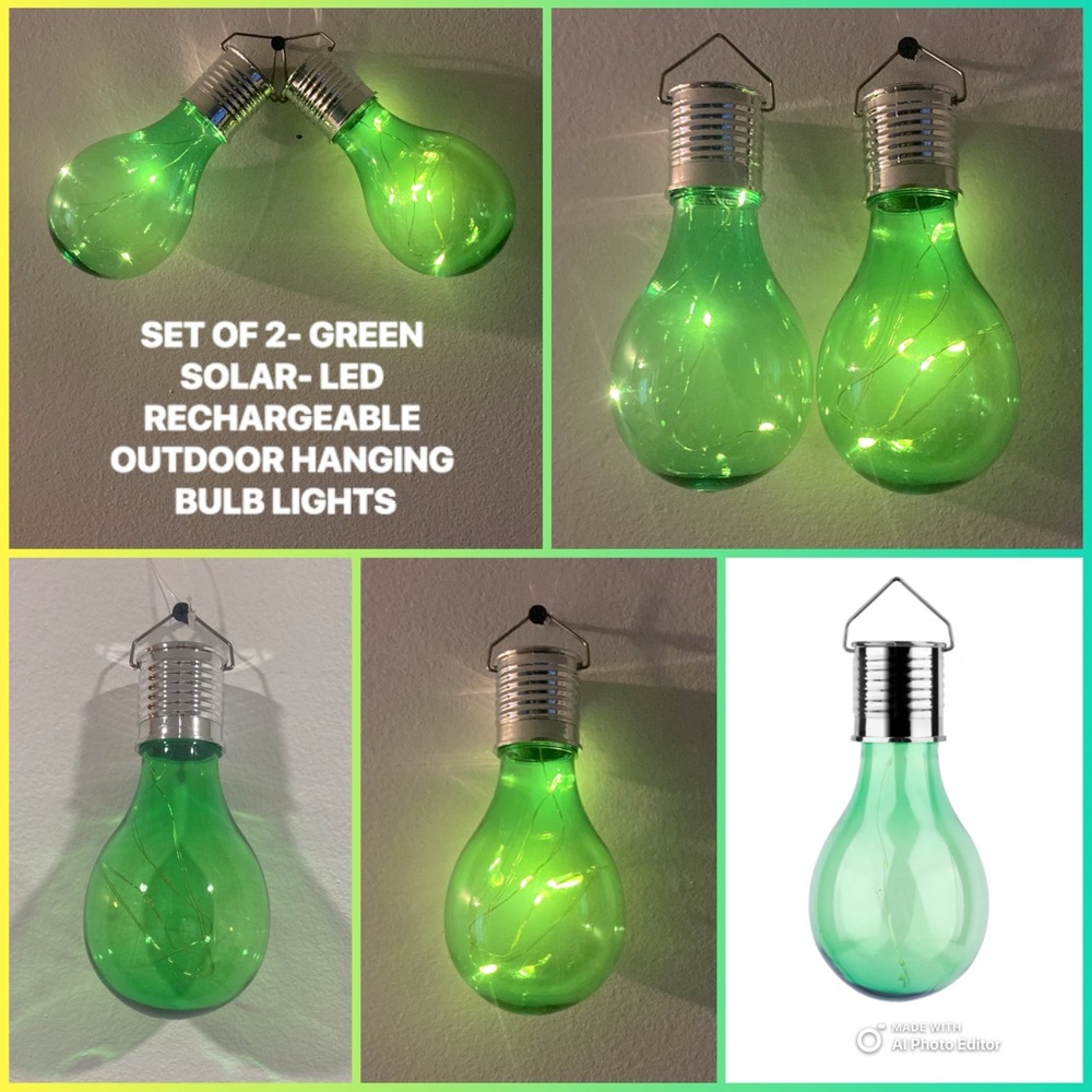NWT- SET of 2- GREEN- SOLAR - LED RECHARGEABLE OUTDOOR HANGING BULB LIGHTS